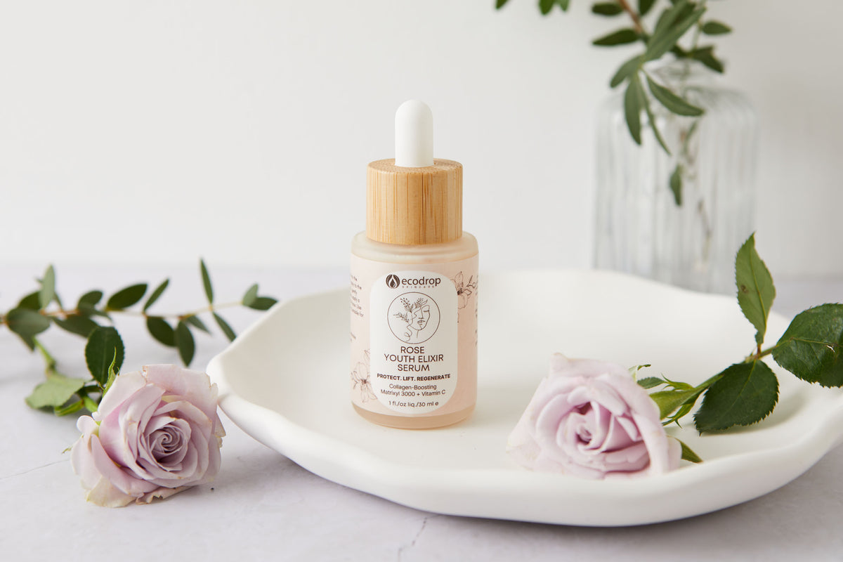 Ecodrop Rose Youth Elixir Serum bottle with pink roses and botanical foliage