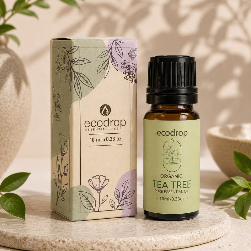 Ecodrop organic tea tree essential oil bottle and box, used for nail fungus care