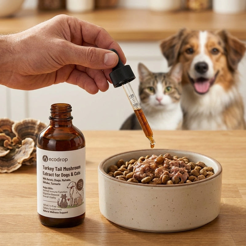 Dropper adding Ecodrop turkey tail mushroom extract to a pet food bowl as a dog and cat look on