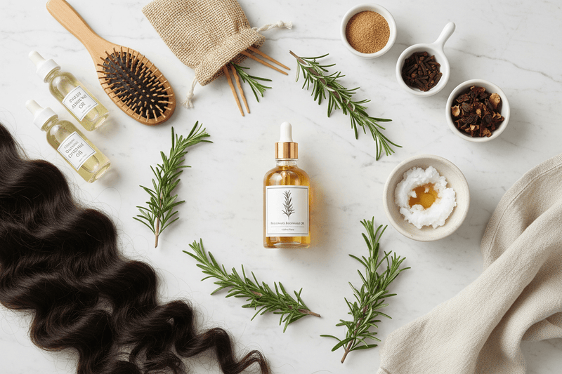 Rosemary essential oil with fresh rosemary sprigs for a hair-growth scalp treatment