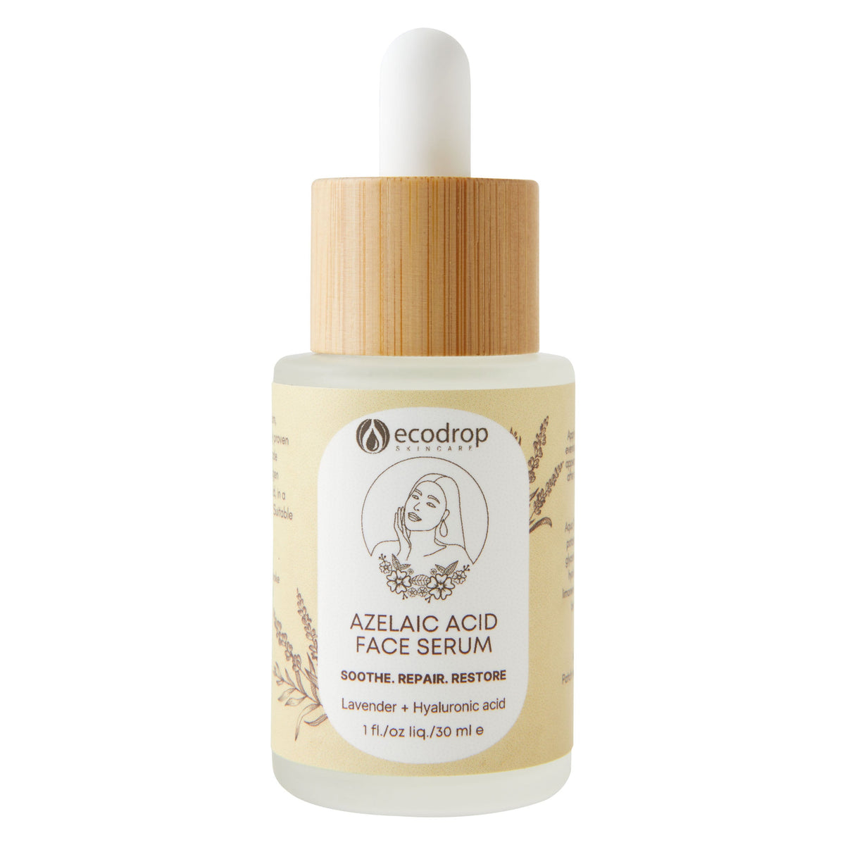 Ecodrop Azelaic Acid face serum 30ml dropper bottle on white