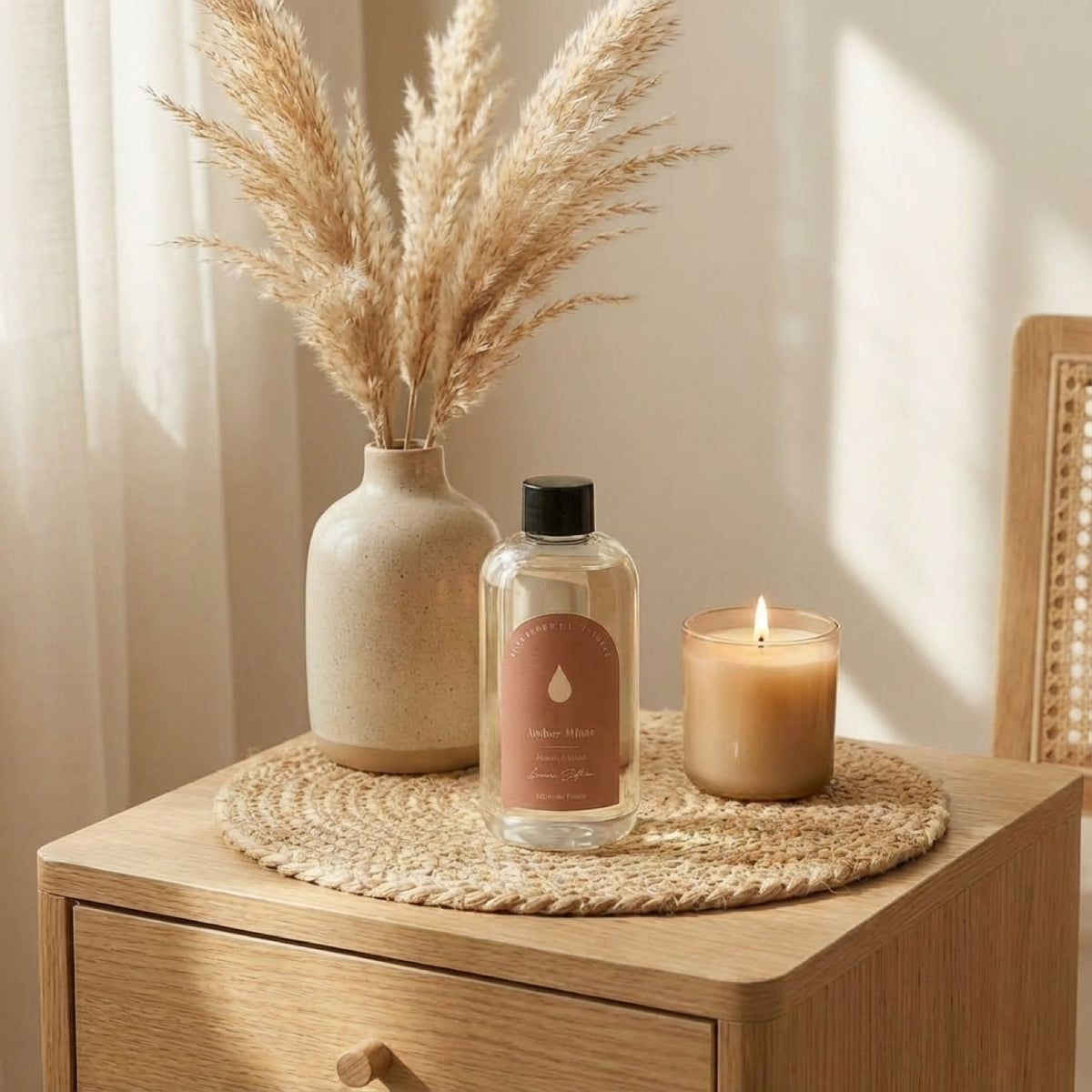 Amber Allure diffuser refill styled on a bedside table