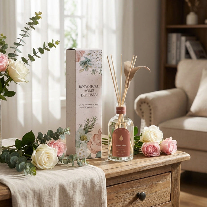 Amber Allure reed diffuser styled in a warm living room