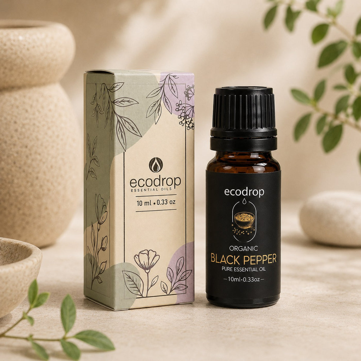 Organic black pepper oil 10ml bottle with its Ecodrop gift box