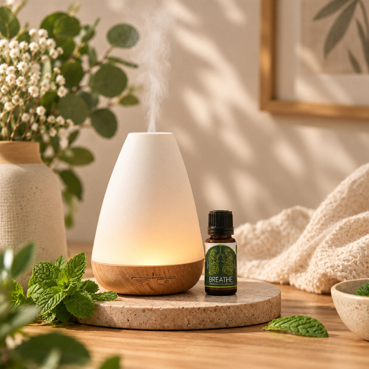 Breathe Easy essential oil blend beside a glowing aroma diffuser and mint