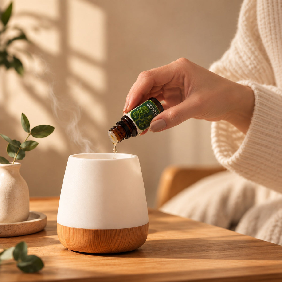 Drops of Breathe Easy blend going into a ceramic diffuser