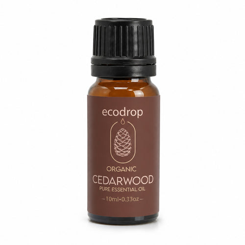 Ecodrop Atlas Cedarwood essential oil 10ml amber dropper bottle on a white background