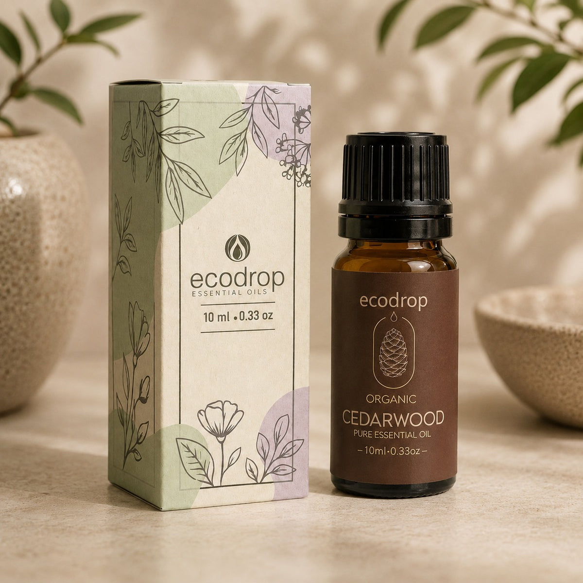 Atlas Cedarwood essential oil bottle beside its Ecodrop printed box