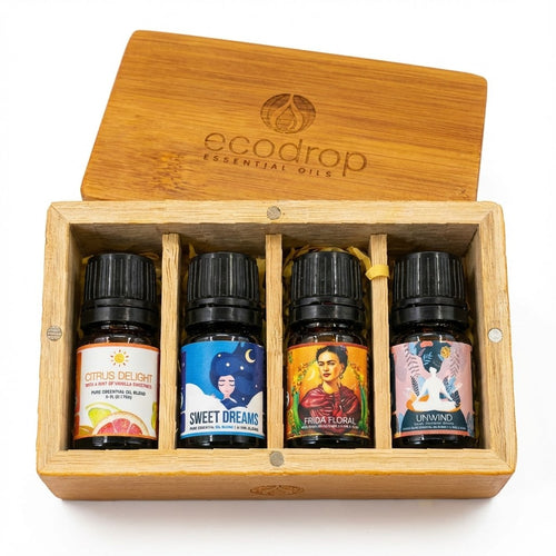 Calming blend set in an open bamboo box: Citrus Delight, Sweet Dreams, Frida Floral and Unwind, 4 x 5ml