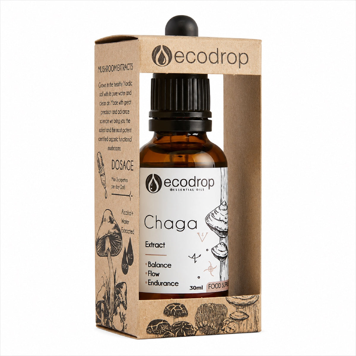 Organic Chaga Mushroom Dual Extract 30ml with kraft box packaging