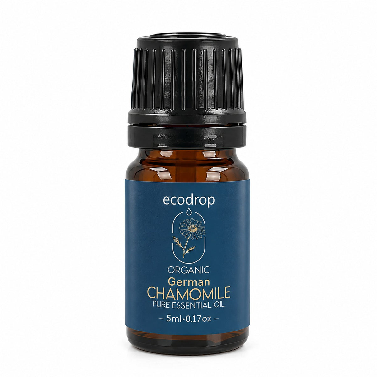 Organic German Chamomile Essential Oil 5ml amber bottle with deep blue label, Ecodrop