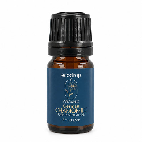Organic German Chamomile Essential Oil 5ml amber bottle with deep blue label, Ecodrop