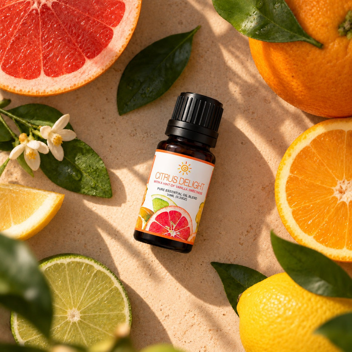 Citrus Delight blend among fresh oranges, lemon, lime and grapefruit