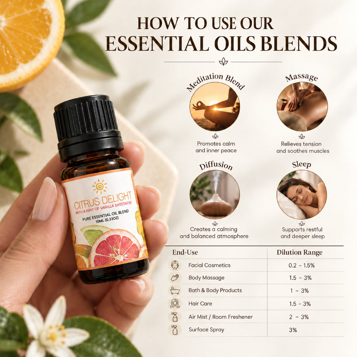How to use Citrus Delight: meditation, massage, diffusion, sleep and dilution guide