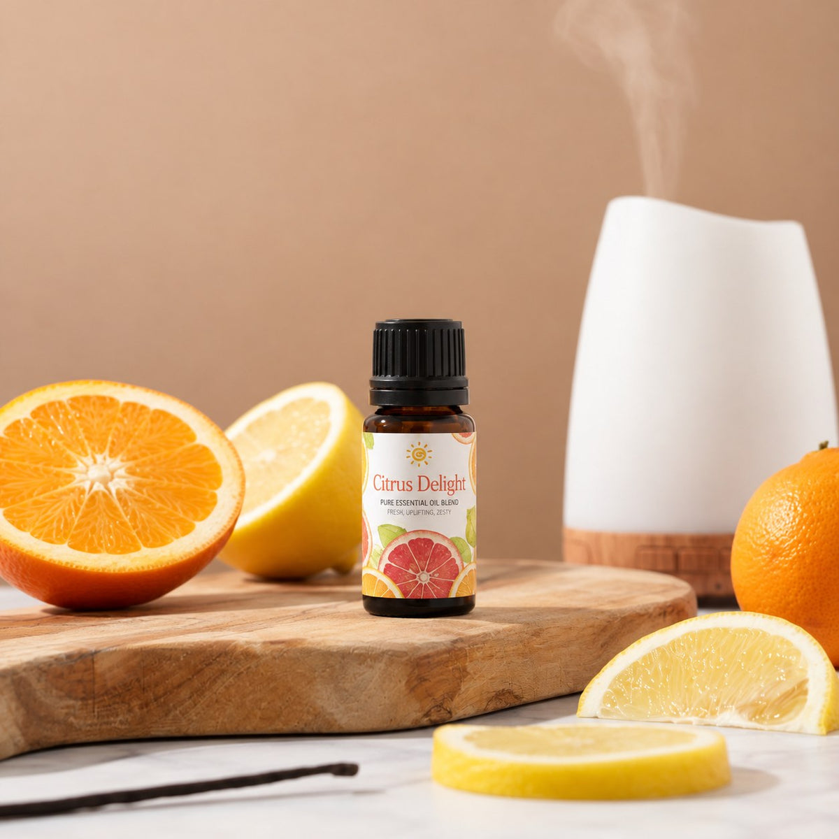 Citrus Delight essential oil blend on a wooden board with orange, lemon, vanilla and a diffuser