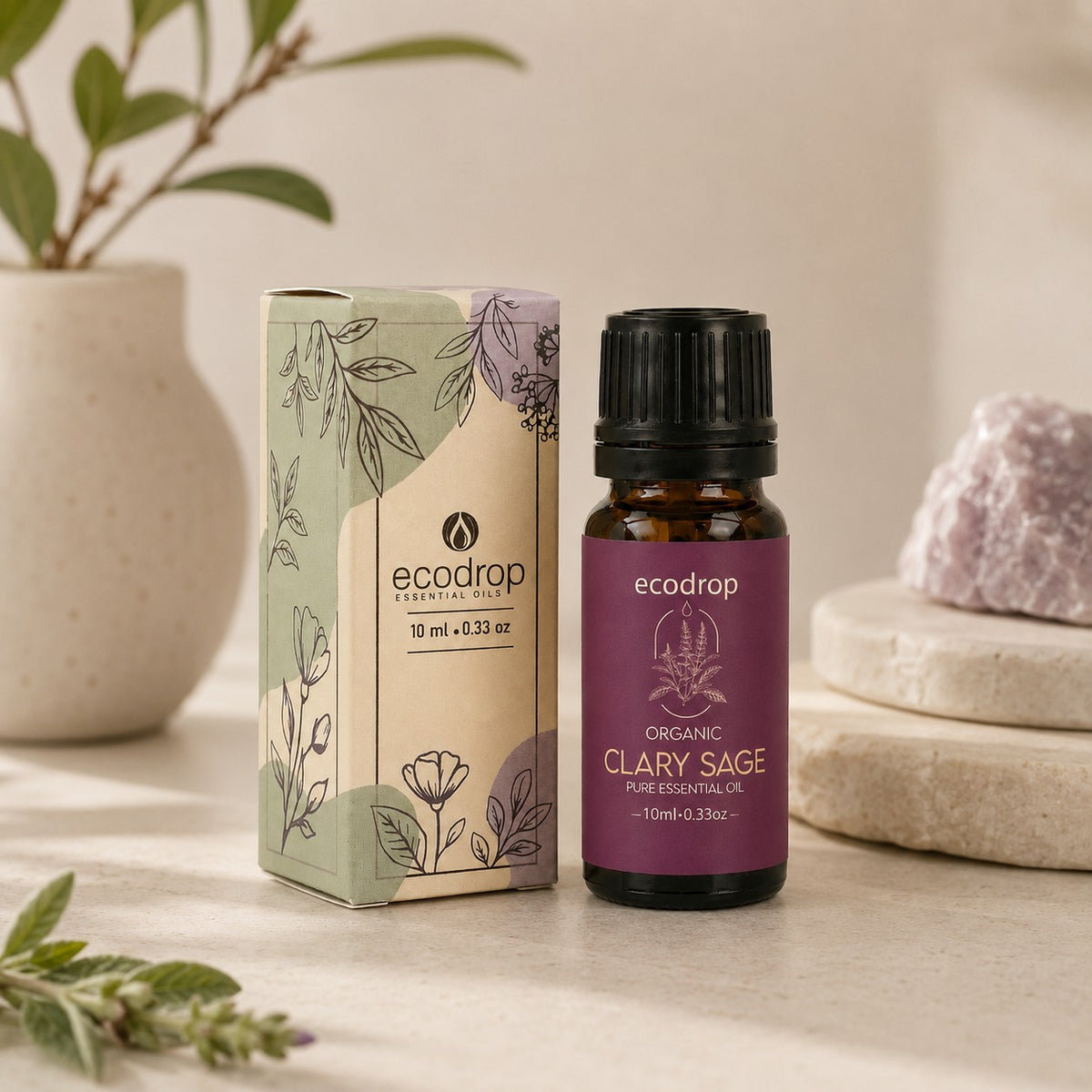 Organic Clary Sage Essential Oil bottle with botanical box