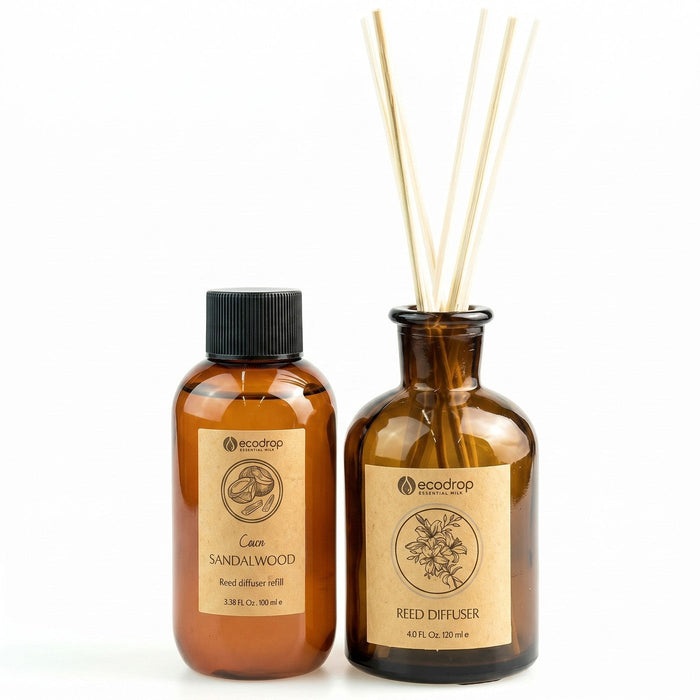 Coco Sandalwood reed diffuser set - amber glass diffuser with reeds plus refill oil bottle