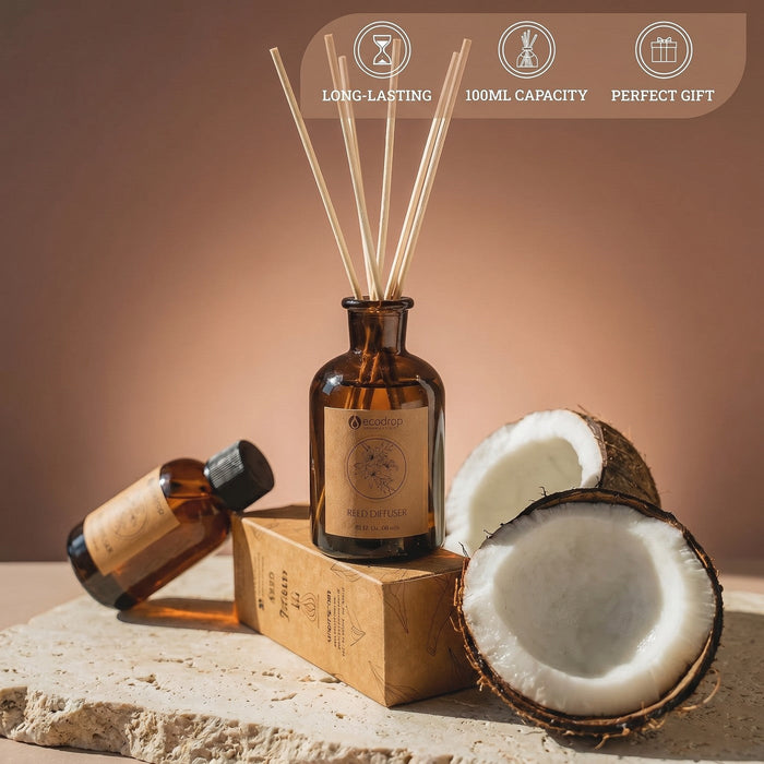 Coco Sandalwood reed diffuser with reeds and fresh coconut, long-lasting 100ml capacity gift