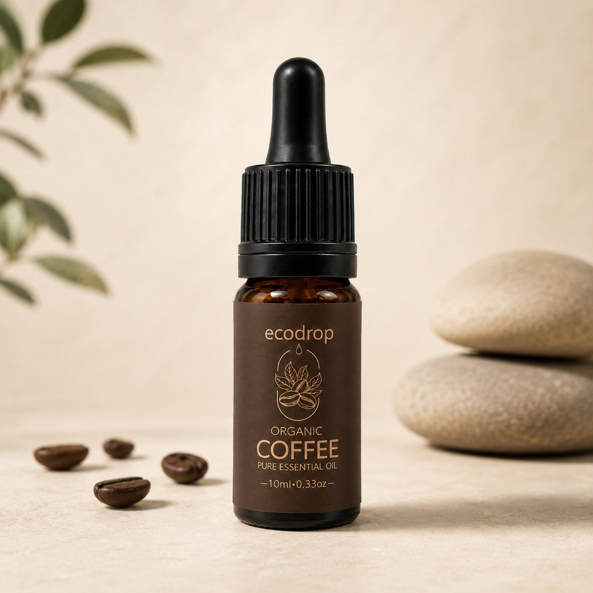 Organic Coffee essential oil styled with roasted coffee beans