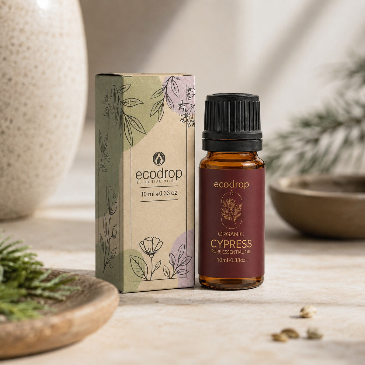 Organic Cypress Essential Oil bottle with botanical box