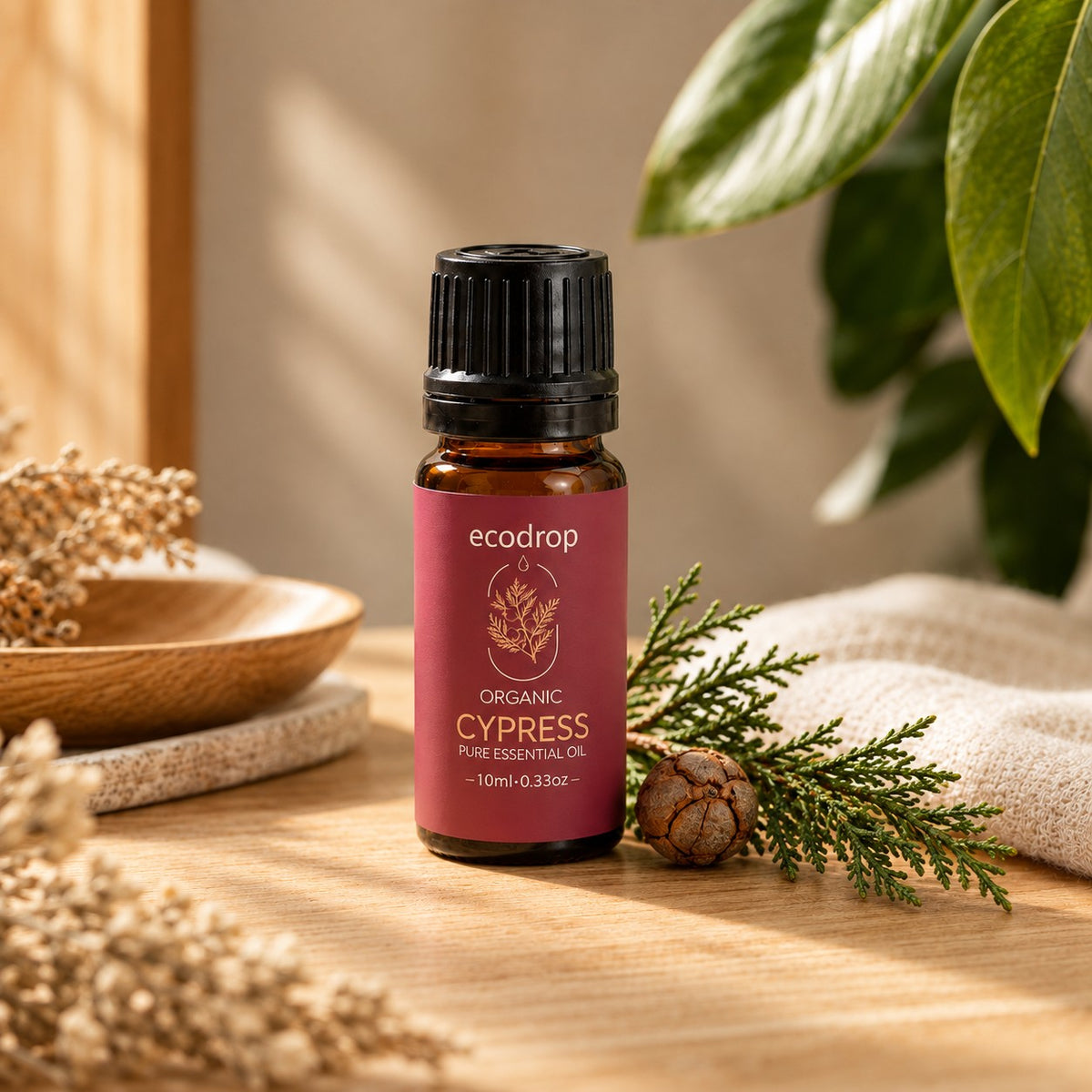Ecodrop organic cypress essential oil 10ml bottle with a cypress sprig and cone