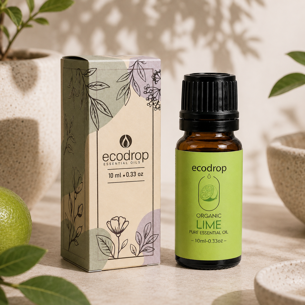 Organic lime essential oil 10ml bottle with its recycled carton box and fresh limes