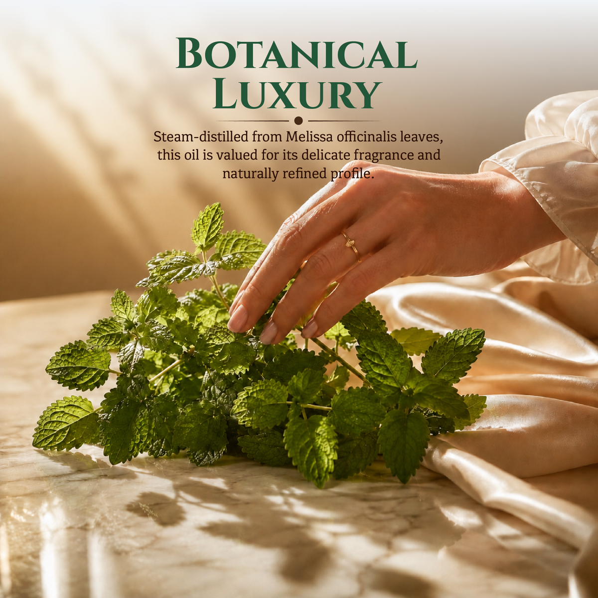 Hand touching fresh lemon balm leaves, the Melissa officinalis plant the oil is steam distilled from