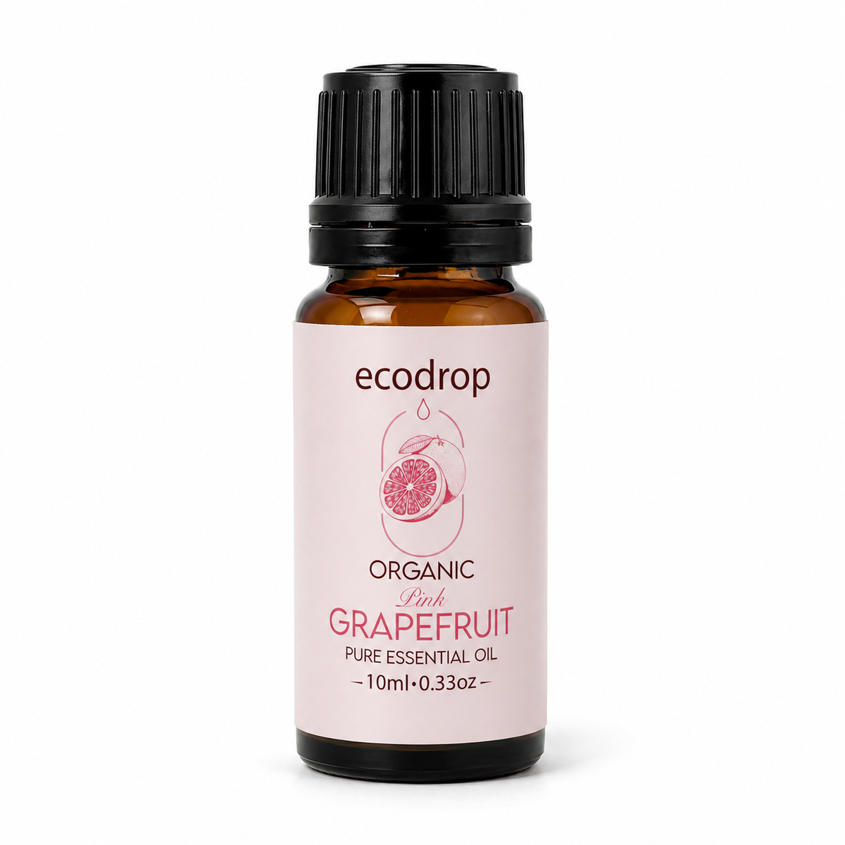 Organic pink grapefruit essential oil 10ml amber bottle with pink label on a white background