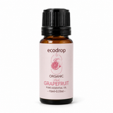 Organic pink grapefruit essential oil 10ml amber bottle with pink label on a white background