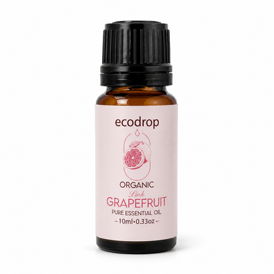 Organic pink grapefruit essential oil 10ml amber bottle with pink label on a white background
