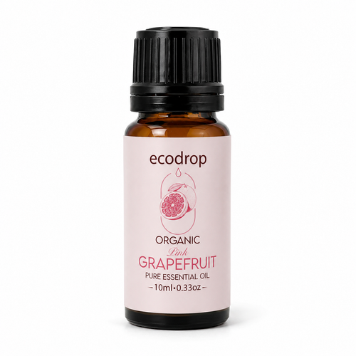 Organic pink grapefruit essential oil 10ml amber bottle with pink label on a white background