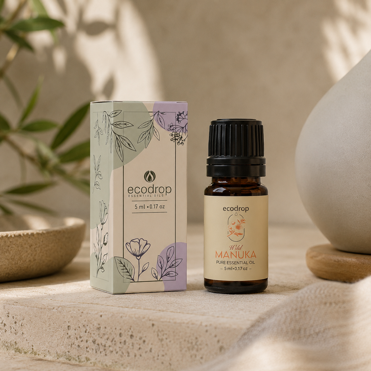 Wild Manuka Essential Oil 5ml bottle with its Ecodrop gift box