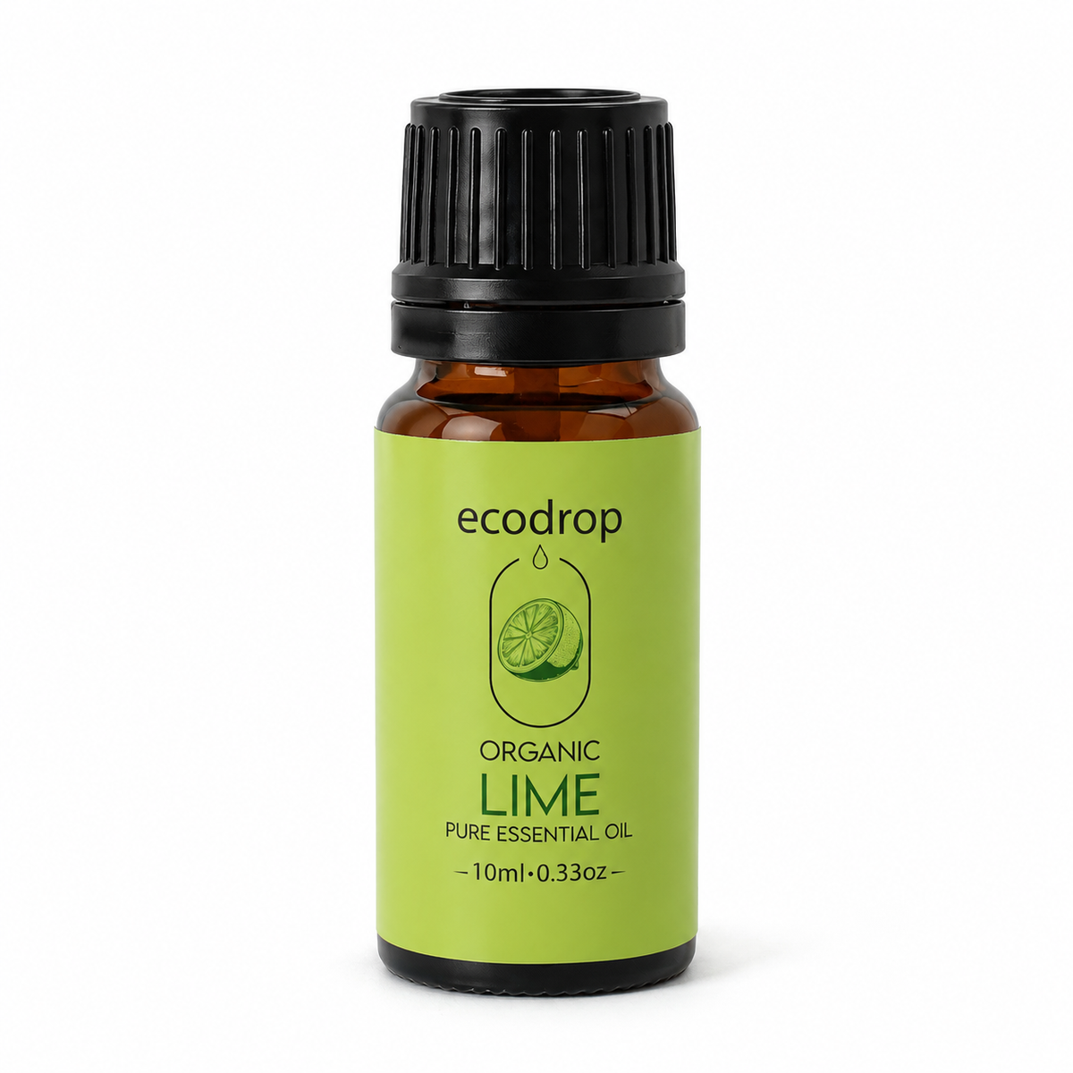 Organic lime essential oil 10ml amber bottle with green label on a white background