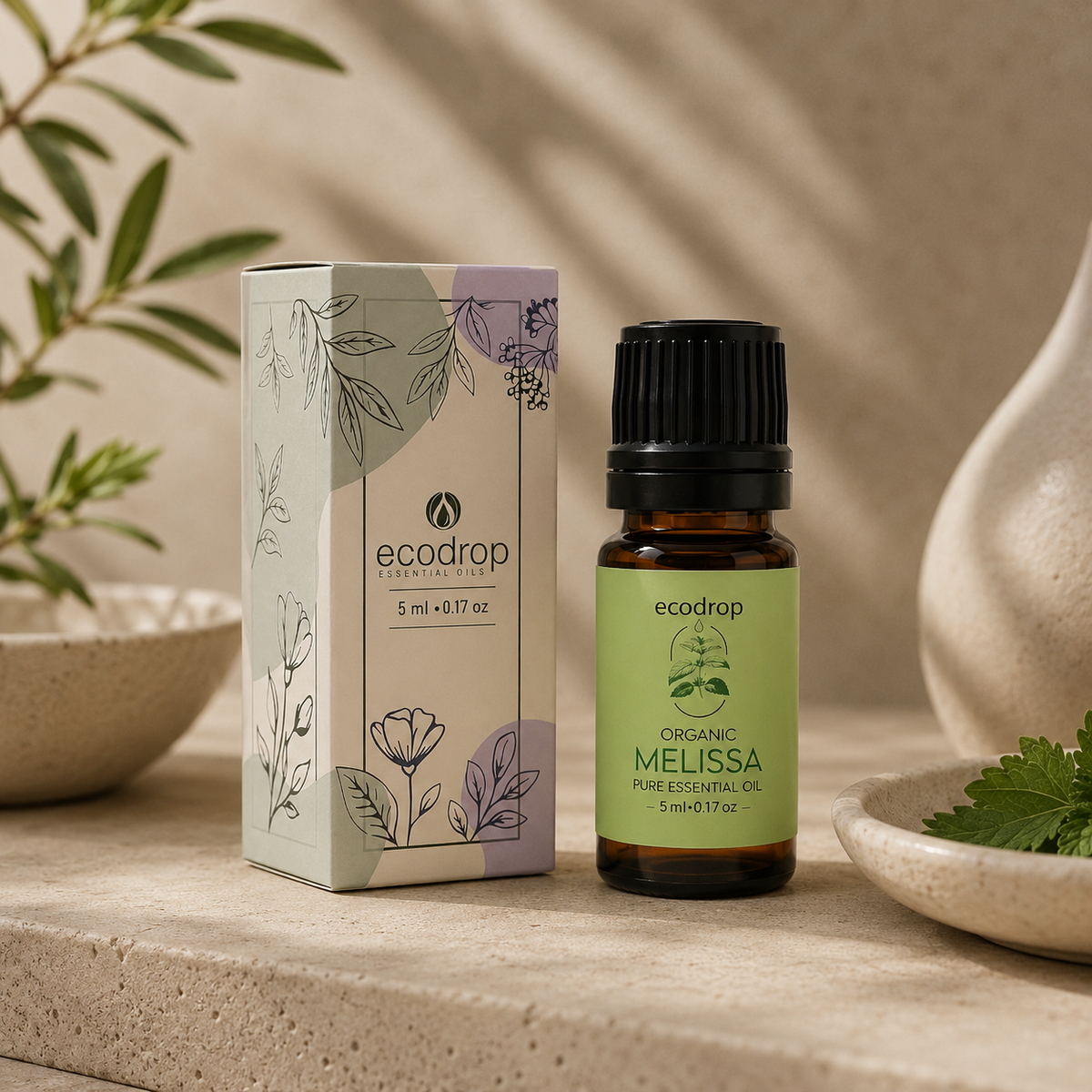 Melissa essential oil 5ml bottle beside its Ecodrop botanical gift box with lemon balm leaves