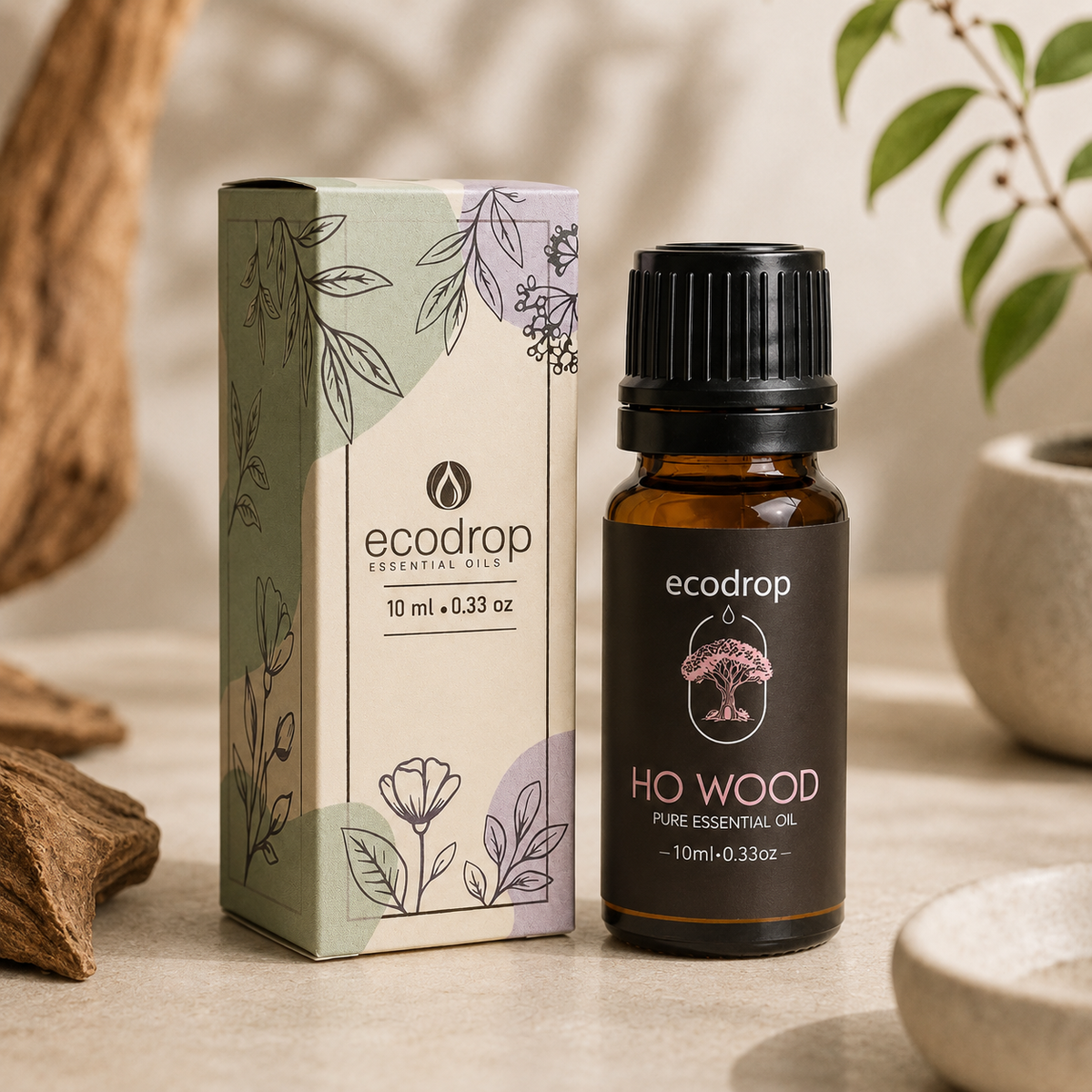 Ho wood essential oil bottle with its Ecodrop box