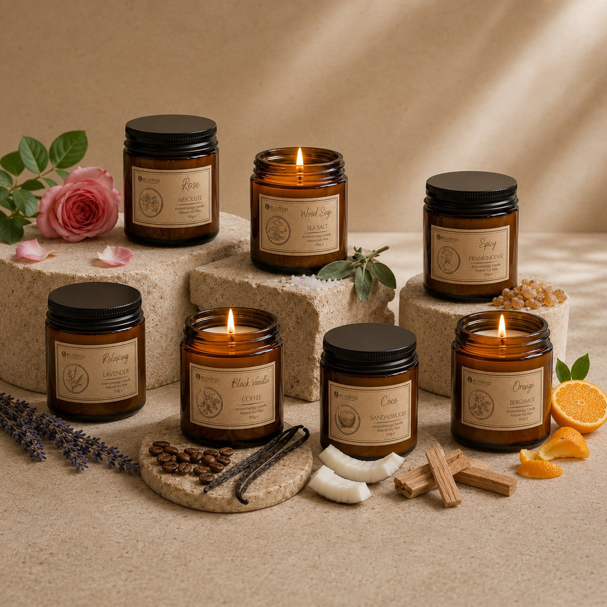 The Ecodrop candle collection — seven aromatherapy soy candles
