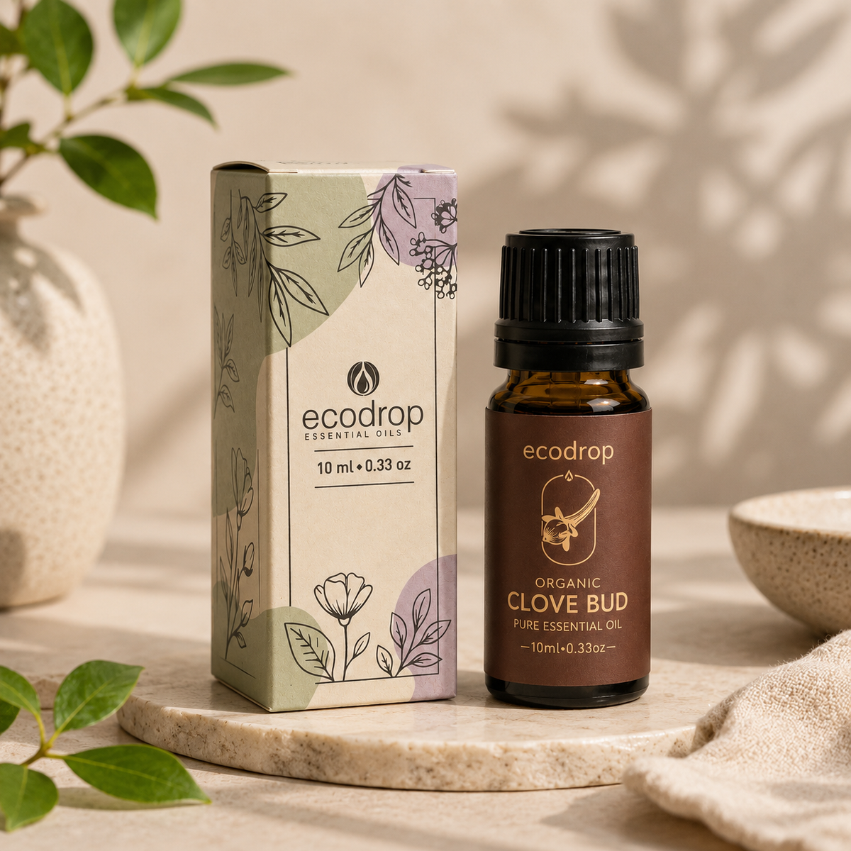 Organic clove bud essential oil 10ml bottle with its Ecodrop gift box