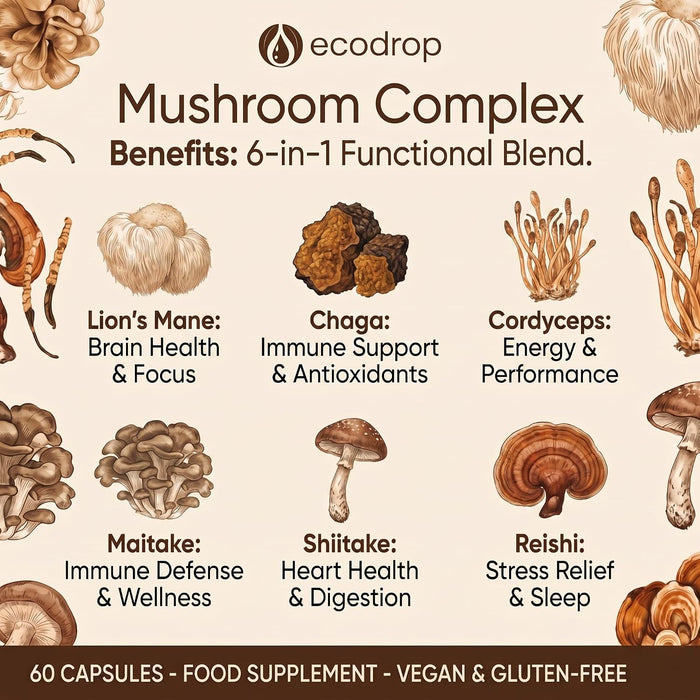 Mushroom Complex key benefits: Lion's Mane, Chaga, Cordyceps, Maitake, Shiitake, Reishi