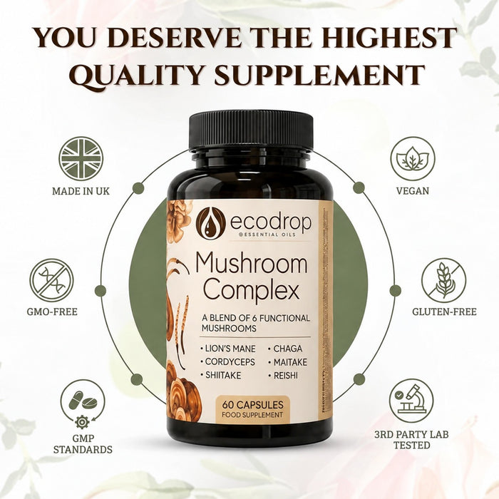 Mushroom Complex quality badges: made in UK, vegan, GMO-free, gluten-free, GMP standards, 3rd party lab tested