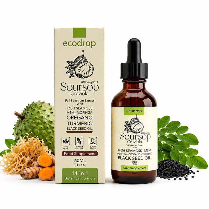 Ecodrop Soursop Drops bottle with box and ingredients: turmeric, sea moss, black seed oil, moringa