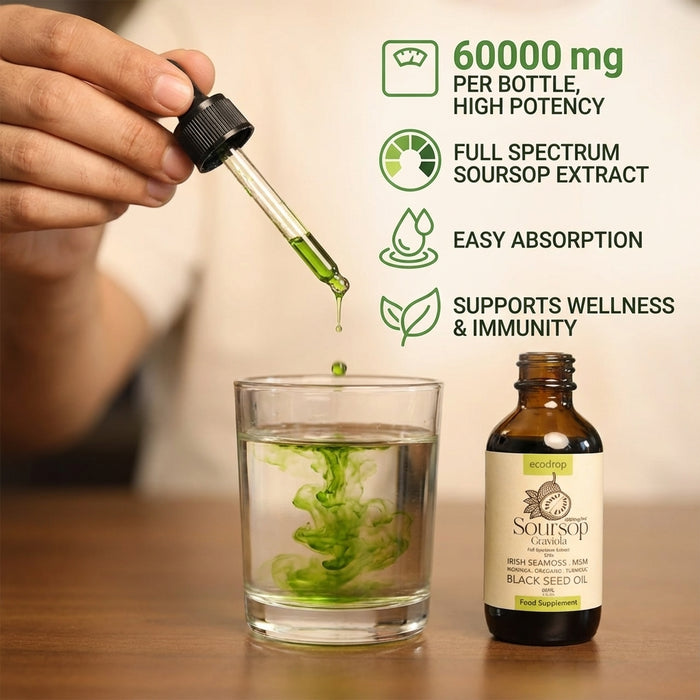 Soursop Drops dropper being added to a glass of water, 60000mg per bottle