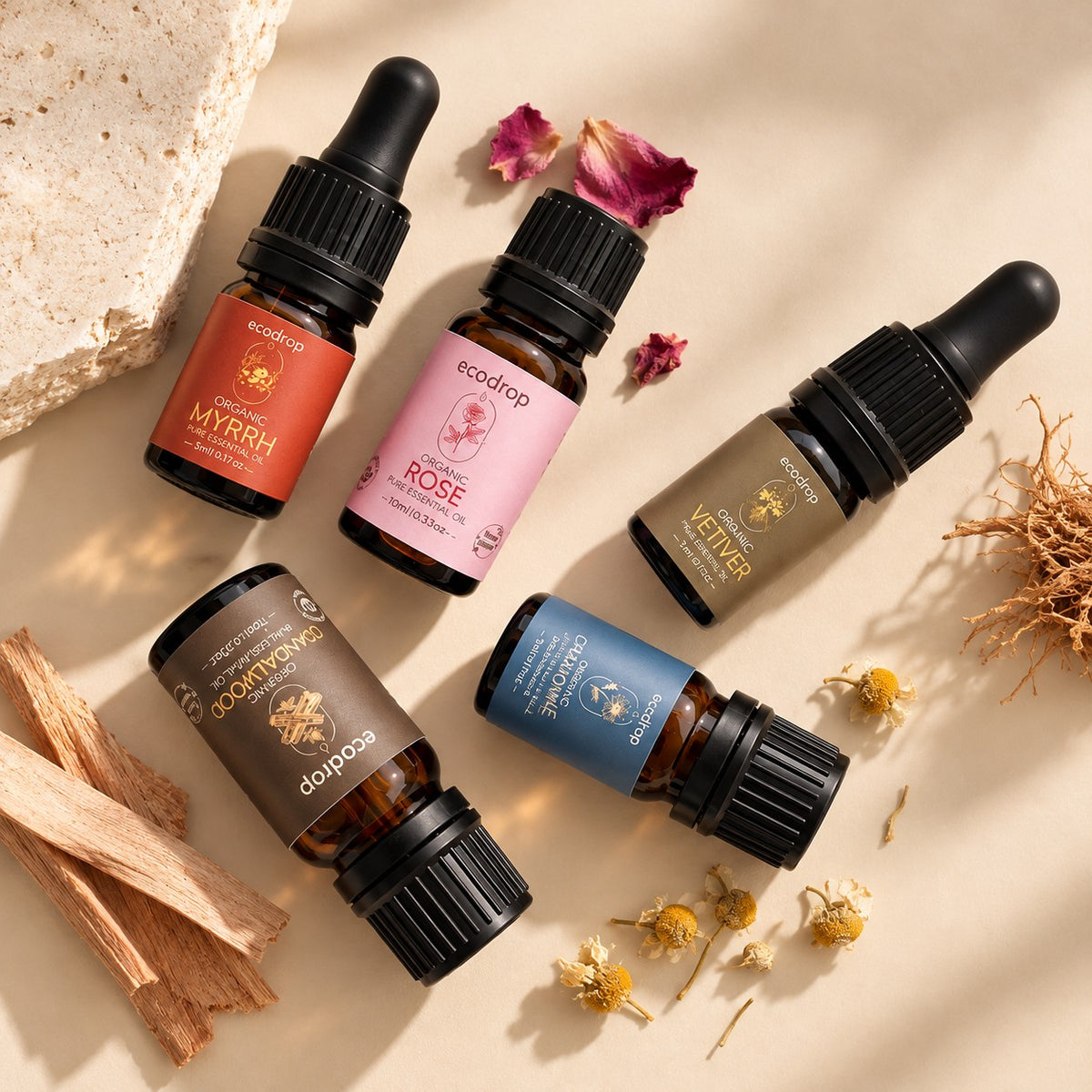 Ecodrop organic myrrh, rose, vetiver, sandalwood and chamomile essential oils with sandalwood and dried flowers