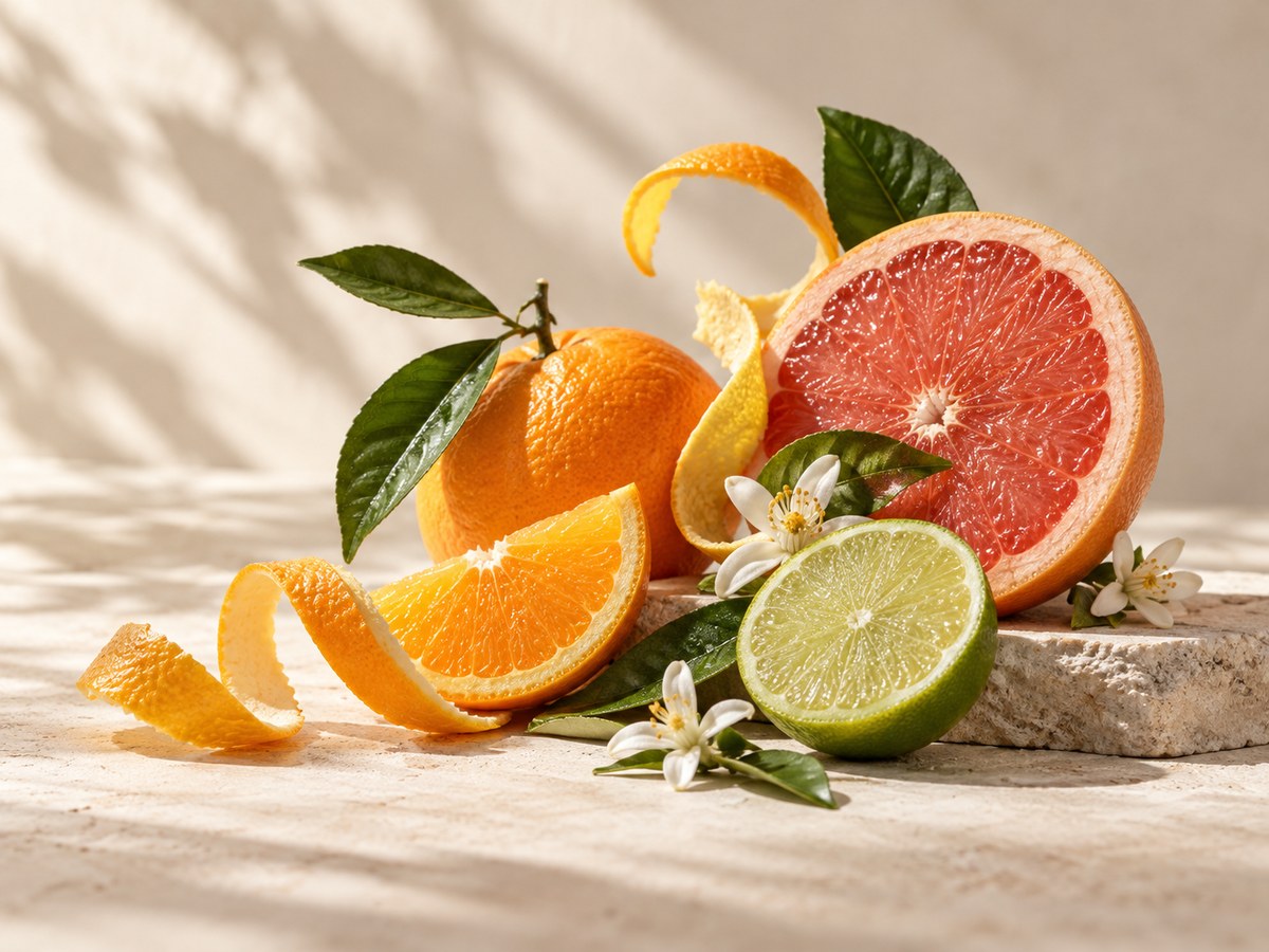 Citrus scent family: orange, grapefruit, lime and orange blossom on stone