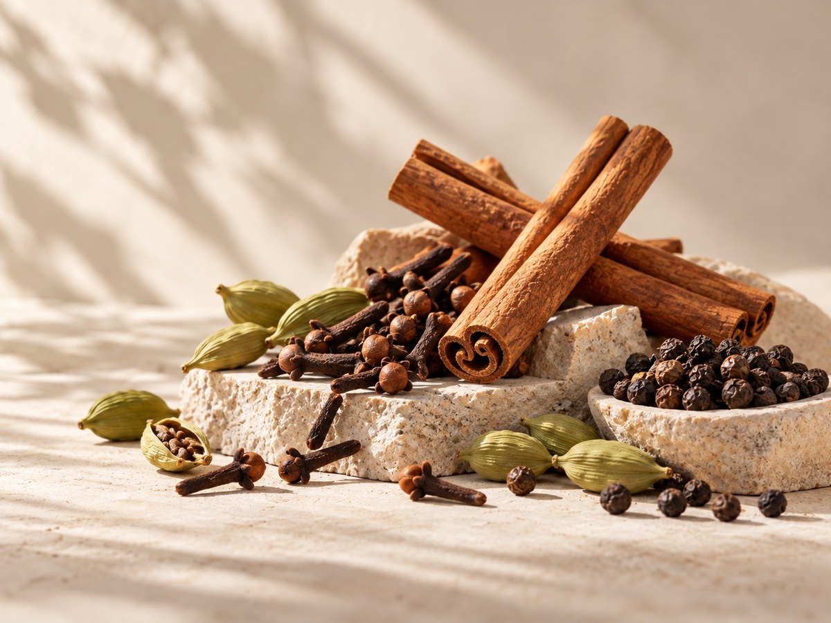 Spice scent family: cinnamon, cardamom, clove and black pepper on stone