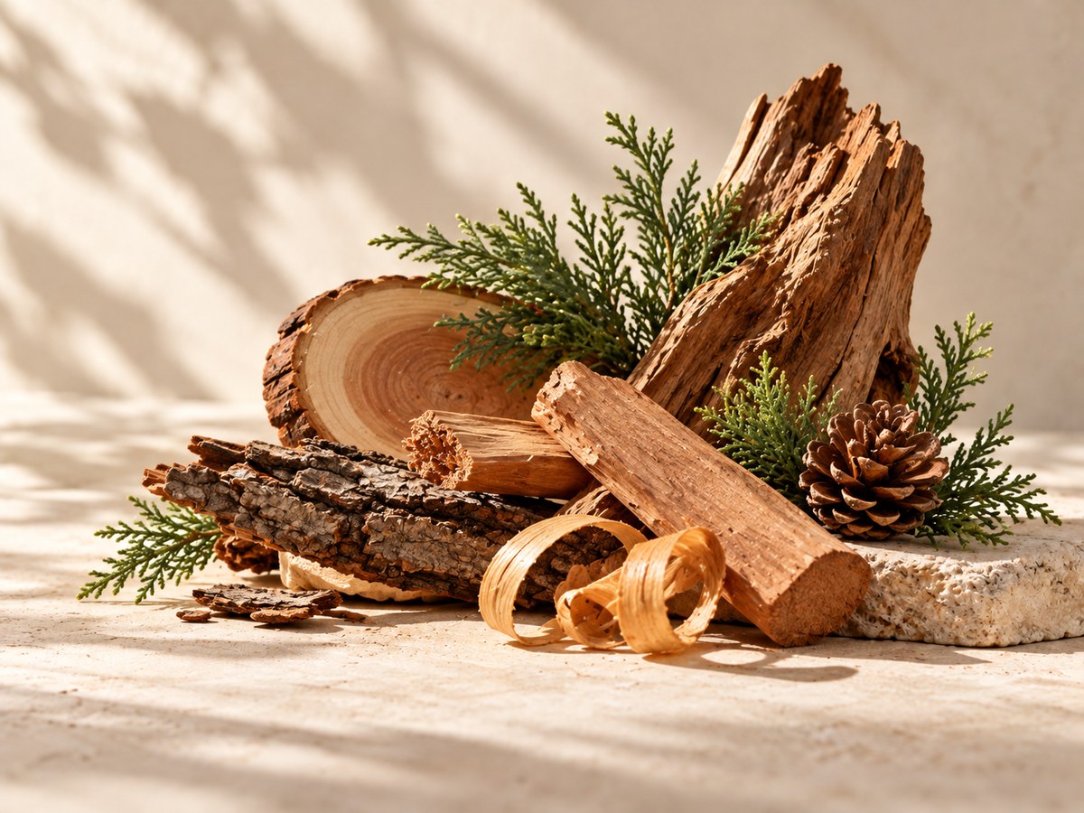 Woody scent family: cedarwood, bark, pine cone and cypress on stone