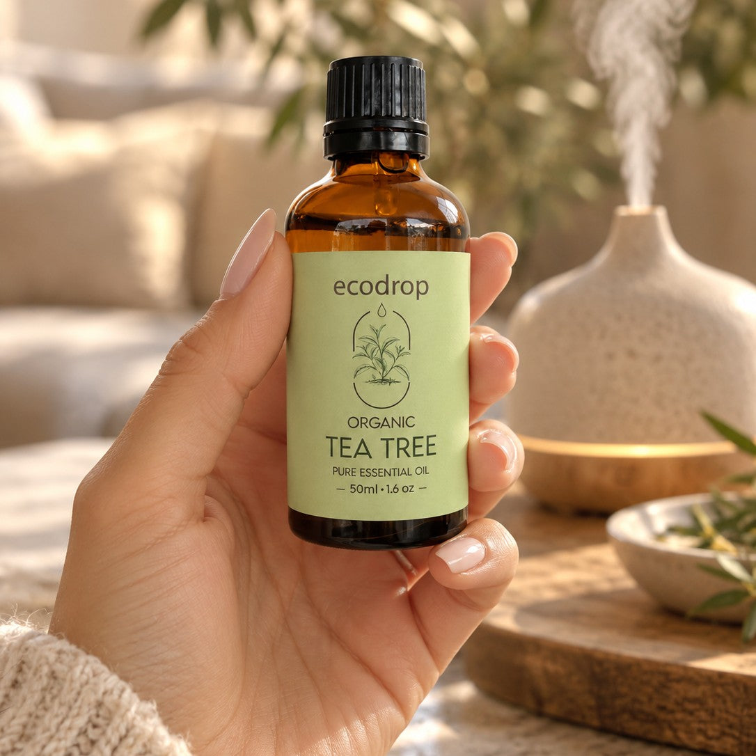 Hand holding a 50ml bottle of Ecodrop Organic Tea Tree essential oil beside a running diffuser