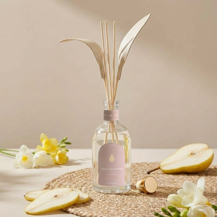English Pear & Freesia diffuser with pears and freesia flowers