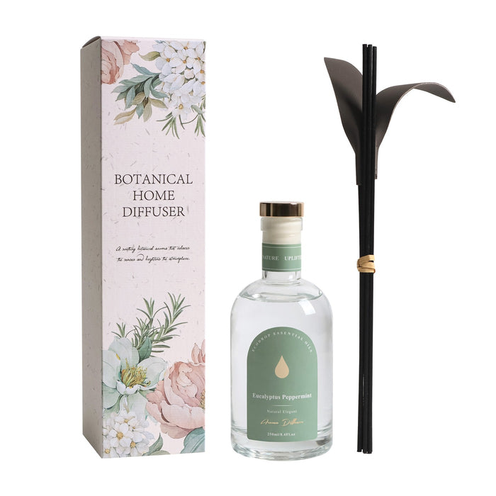 Eucalyptus & Peppermint reed diffuser set with botanical box on white