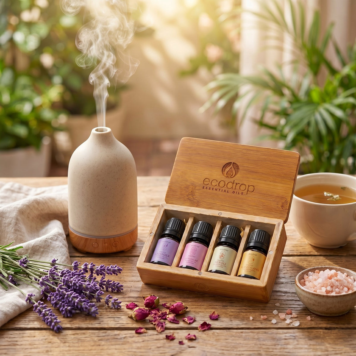 Floral essential oil gift box beside a ceramic diffuser with lavender, rose buds and tea