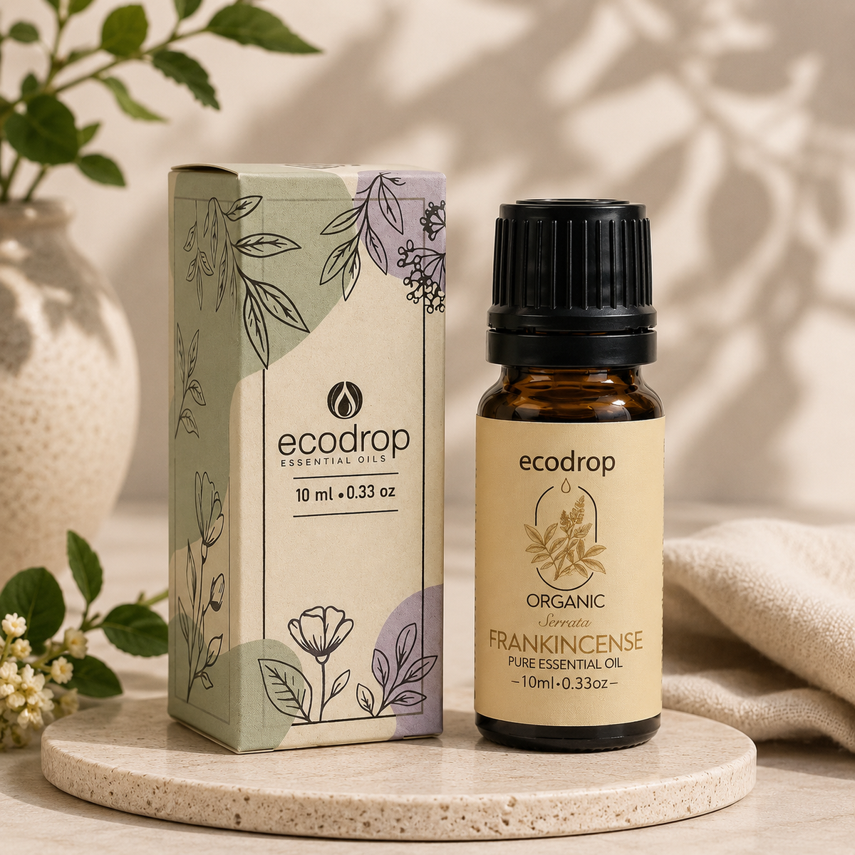Organic Frankincense Serrata Essential Oil 10ml bottle beside its Ecodrop box